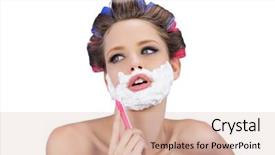  Presentation with razor - PPT layouts with pensive woman in hair curlers posing with razor on white background background and a soft green colored foreground