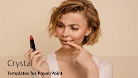  Presentation with lipstick - PPT layouts having pensive-young-blonde-woman-posing background and a coral colored foreground