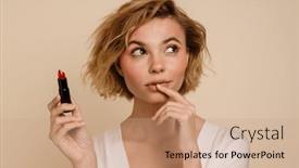  Presentation with lipstick - Slide set featuring pensive-young-blonde-woman-posing background and a coral colored foreground