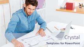  Presentation with diagram - PPT layouts with pensive young businessman looking at diagram while sitting at the office desk background and a sky blue colored foreground