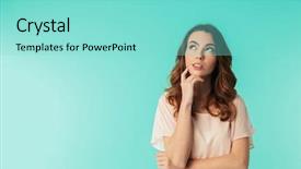  Presentation with girl in red dress - Colorful presentation theme enhanced with pensive young girl in dress backdrop and a seafoam green colored foreground