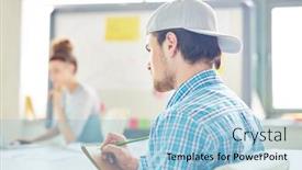  Presentation with educational - Colorful slide set enhanced with pensive young guy in cap making notes in notepad and attentively listening to speaker at educational course he sitting in meeting room backdrop and a light blue colored foreground