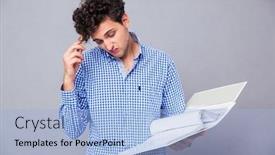  Presentation with files - Colorful PPT theme enhanced with pensive-young-man-holding-pencil backdrop and a light blue colored foreground