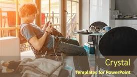  Presentation with problem solution - Colorful presentation theme enhanced with pensive-young-man-sitting backdrop and a tawny brown colored foreground