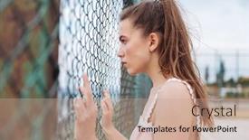  Presentation with chain link fence - Slide deck featuring pensive-young-woman-standing background and a coral colored foreground