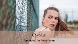  Presentation with chain link fence - PPT theme featuring pensive-young-woman-standing background and a coral colored foreground