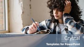  Presentation with taking notes - Beautiful slide set featuring pensive-young-woman-taking-notes backdrop and a ocean colored foreground