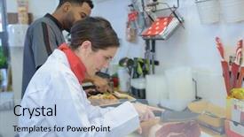  Presentation with butcher - Presentation featuring peopl shopping - female butcher cutting meat background and a light blue colored foreground