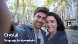  Presentation with movie theater loving couple - Beautiful slide deck featuring peopl shopping - hispanic love couple happy selfie backdrop and a ocean colored foreground