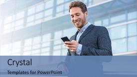  Presentation with man holding phone - Cool new presentation with people - businessman using mobile phone app backdrop and a teal colored foreground