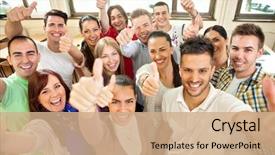  Presentation with students hands raised - Beautiful slide deck featuring people - group of happiness students backdrop and a coral colored foreground