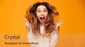  Presentation with young woman - Colorful slides enhanced with people - image of excited screaming young backdrop and a yellow colored foreground