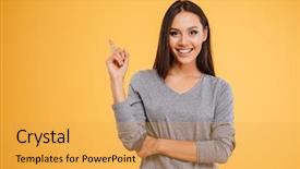  Presentation with upwards - Slide deck featuring people - model pointing upwards in studio background and a yellow colored foreground