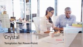  Presentation with people talking - Cool new PPT layouts with people - office colleagues talking at work backdrop and a soft green colored foreground