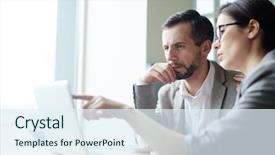  Presentation with data - Cool new theme with people - two analysts discussing online data backdrop and a sky blue colored foreground