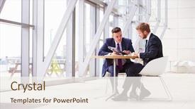  Presentation with business idea modern abstract - PPT theme featuring people - two business colleagues at meeting background and a sky blue colored foreground