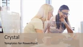  Presentation with working together - PPT layouts featuring people - women working together office interior background and a coral colored foreground