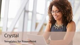  Presentation with working woman - PPT layouts with people - young african american woman working background and a coral colored foreground