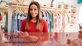  Presentation with clothing - Presentation design consisting of people 18 - portrait of female owner background and a red colored foreground