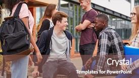  Presentation with college - PPT layouts having people 18 - student group socializing outside college background and a violet colored foreground