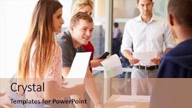  Presentation with teacher and students - Colorful PPT theme enhanced with people 18 - teacher with college students standing backdrop and a coral colored foreground