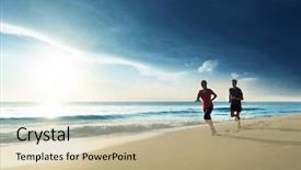  Presentation with tropical beach sunset - Presentation design consisting of people action - man and women running background and a coral colored foreground