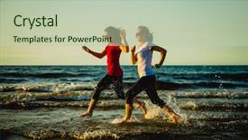  Presentation with running - Cool new presentation theme with people action - two women running on beach backdrop and a mint green colored foreground