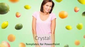  Presentation with pink green - Presentation theme featuring people advertisement diet food and healthy eating concept - happy woman in blank pink t-shirt over fruits on green background background and a soft green colored foreground