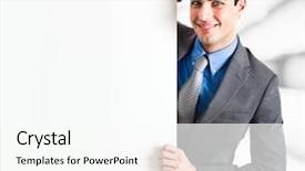  Presentation with thank you sign - Cool new slides with people advertising - handsome businessman showing a blank backdrop and a  colored foreground