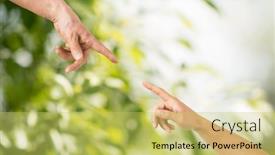  Presentation with parts - Slide deck enhanced with people age and body parts concept - close up of senior and young woman hands pointing finger over green natural background background and a yellow colored foreground