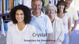  Presentation with technology in adult education - Amazing presentation theme having people age group - adult students standing backdrop and a sky blue colored foreground