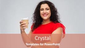  Presentation with takeaway coffee - Colorful PPT theme enhanced with people and drinks concept - portrait of happy woman in red dress holding takeaway coffee cup over grey background backdrop and a coral colored foreground