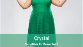  Presentation with emotion - PPT theme enhanced with people and emotion concept - happy amazed woman in green dress over grey background background and a teal colored foreground