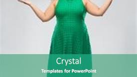  Presentation with emotion - Slide deck featuring people and emotion concept - happy amazed woman in green dress looking up over grey background background and a teal colored foreground