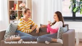  Presentation with people talking - Presentation design consisting of people-and-friendship-concept-happy background and a violet colored foreground