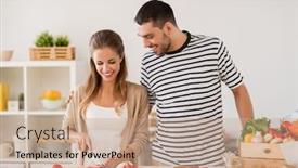  Presentation with healthy people - Slide deck enhanced with people and healthy eating concept - happy couple cooking food at home kitchen background and a coral colored foreground
