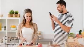  Presentation with healthy people - Cool new slide deck with people and healthy eating concept - happy couple cooking food at home kitchen backdrop and a coral colored foreground