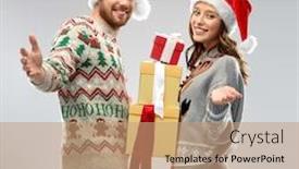 Presentation with ugly christmas sweater - Amazing theme having people and holidays concept - happy couple in santa hats with christmas gifts at ugly sweater party backdrop and a coral colored foreground