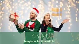  Presentation with ugly christmas sweater - Slide set having people and holidays concept - happy couple in santa hats catching christmas gifts at ugly sweater party over festive lights background background and a ocean colored foreground