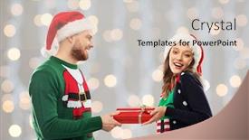  Presentation with ugly christmas sweater - Beautiful presentation theme featuring people and holidays concept - happy couple in santa hats with christmas gift at ugly sweater party over festive lights background backdrop and a soft green colored foreground