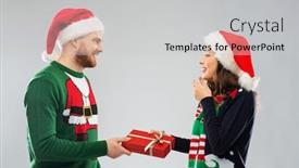  Presentation with ugly christmas sweater - PPT layouts with people and holidays concept - happy couple in santa hats with christmas gift at ugly sweater party background and a light gray colored foreground