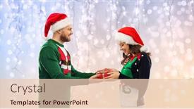  Presentation with ugly christmas sweater - Presentation theme having people and holidays concept - happy couple in santa hats with christmas gift at ugly sweater party over festive lights background background and a lemonade colored foreground