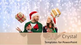  Presentation with ugly christmas sweater - Audience pleasing PPT theme consisting of people and holidays concept - happy couple in santa hats with christmas gifts at ugly sweater party over festive lights background backdrop and a lemonade colored foreground