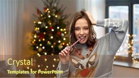  Presentation with ugly christmas sweater - Slides having people and holidays concept - happy young woman wearing ugly sweater with reindeer pattern biting candy cane over home and christmas tree lights on background background and a tawny brown colored foreground