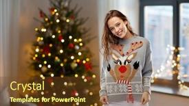  Presentation with ugly christmas sweater - PPT layouts featuring people and holidays concept - happy young woman wearing ugly sweater with reindeer pattern over home and christmas tree lights on background background and a tawny brown colored foreground