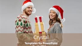  Presentation with ugly christmas sweater - Cool new PPT layouts with people and holidays concept - happy couple in santa hats with christmas gifts at ugly sweater party backdrop and a coral colored foreground