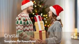  Presentation with ugly christmas sweater - Cool new slide deck with people and holidays concept - happy couple in santa hats with christmas gifts at ugly sweater party over christmas tree lights and home background backdrop and a coral colored foreground