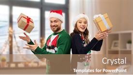  Presentation with ugly christmas sweater - Presentation theme consisting of people and holidays concept - happy couple in santa hats with christmas gifts at ugly sweater party over home room background background and a coral colored foreground
