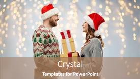  Presentation with ugly christmas sweater - Colorful PPT theme enhanced with people and holidays concept - happy couple in santa hats with christmas gifts at ugly sweater party over festive lights background backdrop and a coral colored foreground