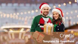  Presentation with happy holidays - Cool new PPT layouts with people-and-holidays-concept-happy backdrop and a coral colored foreground